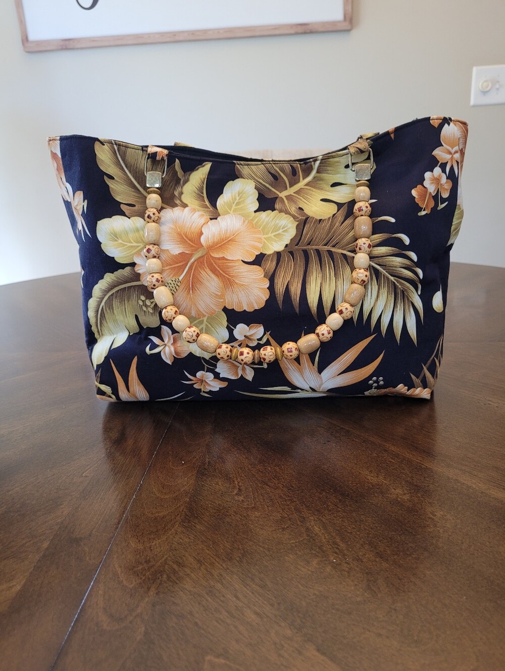 Floral Black cloth Tote Bag with Beaded Handles. No brand